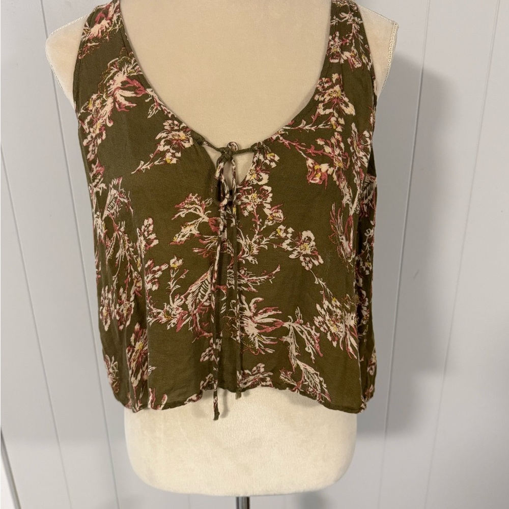 Free People Small Olive Floral Tie-Front Tank Top